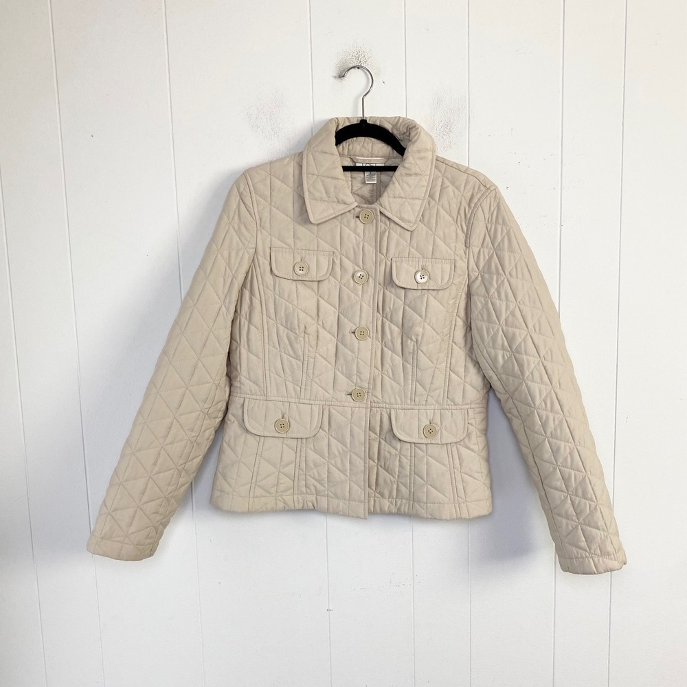 Ann Taylor LOFT Quilted Jacket Beige Button Front Size 8 Medium Peplum Fitted